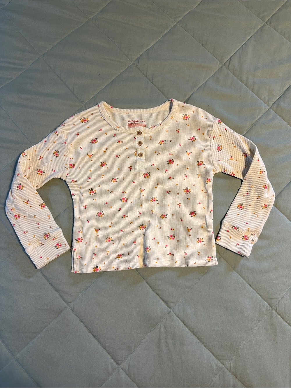 Cat & Jack Cream Ribbed Henley Long Sleeve Top with Pink Floral Print